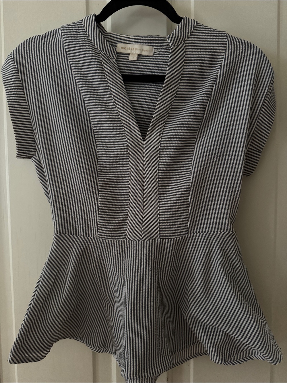 Monteau Gray and White Striped Peplum Tunic